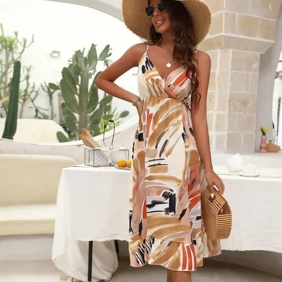 New Brush Print Overlap Collar Ruffle Hem Cami Dress Multicolor 226 - Picture 2 of 9